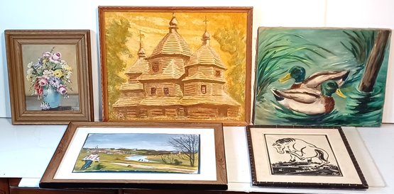 Five (5) Vintage Original Signed Artwork Oil On Canvas Watercolor Landscapes Woodblock Figures & Still Life