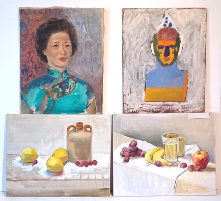 Four (4) Vintage Original Artworks Oil On Canvas Two Portraits & Two Still Lifes Unsigned Unframed 16 X 20
