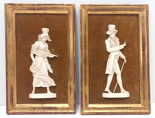 Pair (2) Antique Miniatures Bas-relief Ivory Carved Dieppe Sculptures Lady & Gentleman 22K Gold Leaf Frames