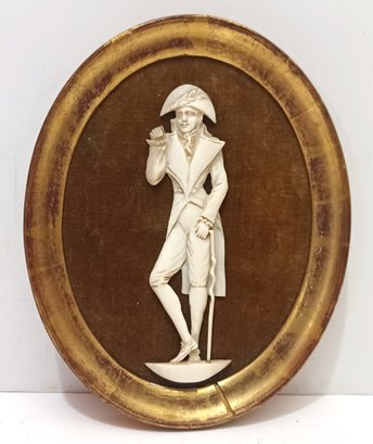Antique Dieppe Sculpture Oval Miniature Bas-relief Ivory Carved  French Gentleman 22K Gold Leaf Frame