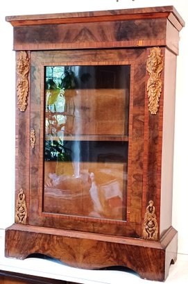 19th C  Antique Continental Gilt Bronze Mounted Walnut Cabinet Orig Wavy Glass Mascaron Appliques