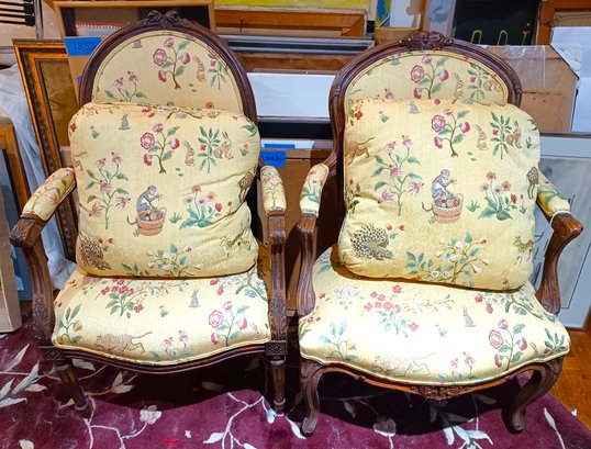Two (2) PAIR Louis XV & XVI Style Carved Wood Armchairs 20th C. Animal & Floral Upholstery Matching Pillows