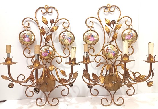 Pair (2) Vintage Fragonard French Painted Figures Enameled Three Light Electric Candle Light Sconces Floral