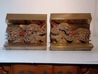 Monumental Signed Hand Carved Tibetan Antique Wood Foo Lions (2) In Heavy Brass Brackets