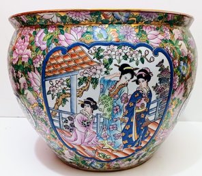 Fine Porcelain Beautiful Hand Painted Japanese Fishbowl In/outdoor Stamped 11' Tall 16' Diameter