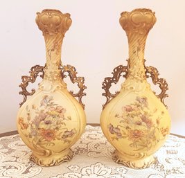 Pair (2) Antique Hand Painted Embossed RW Rudolstadt Two Handled Vase Floral Design Made In Germany 23' Tall