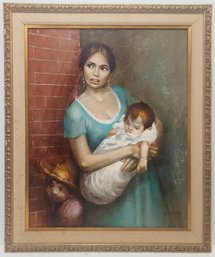 Bernard Locca 1975 Listed French Artist Signed Original Oil Canvas Mother & Children Framed