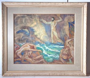 August Wilhelm Dressler Listed German Artist Original Watercolor Mythical Poseidon Seascape & Figures