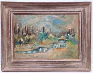 Marvin Levitt Listed New York Artist Signed Original Oil On Canvas MCM Central Park Landscape Cityscape 1958