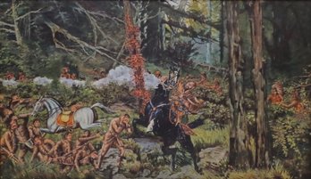 Native American Battle Scene Original Oil Canvas 19th C Artist Oscar Shallberg Signed Framed