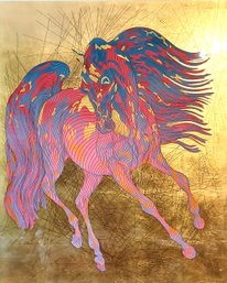 Large Guillaume Azoulay 'Duke' 2005 Hand Signed Printers Proof Serigraph Artwork With Gold Leaf Horse Framed