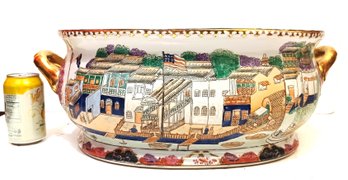 Antique Stamped Chinese Porcelain Fish Bowl Foot Basin Hand Made & Painted US Consulate Shanghai  Late 19th C.