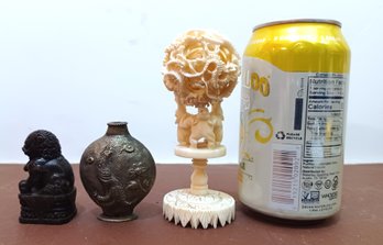 Vintage Chinese Carved Elephant Puzzle Ball Statue Stamped Foo Lion Netsuke & Metal Snuff Bottle Peacock