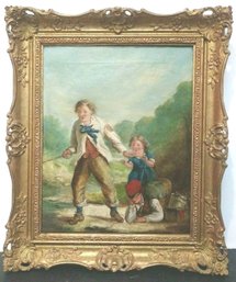 1869 Artist Initialed Original Antique Oil On Canvas Figural Children At Play Framed
