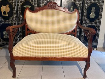 Beautiful Upholstered Settee With Carved Wood Frame