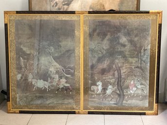 Pair Of Gilt Framed Mid Century Diptych Prints With Chinese Silk Borders