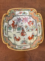 Beautiful Chinese Porcelain Bowl Rooster Pattern Hand Painted Wide 9' X 4' Tall