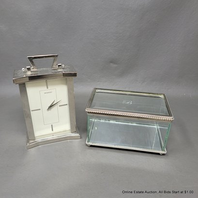 Movado Quartz Desk Clock & Beveled Glass Dresser Box