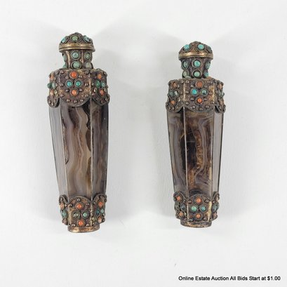 Pair Of Antique Agate, Turquoise & Coral Snuff Bottles