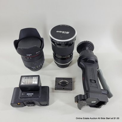 Nikon Zoom-Nikkor 25-50mm Lens, Sigma Zoom 18-200mm, Manfrotto 222 & Minox TC-35 Flash