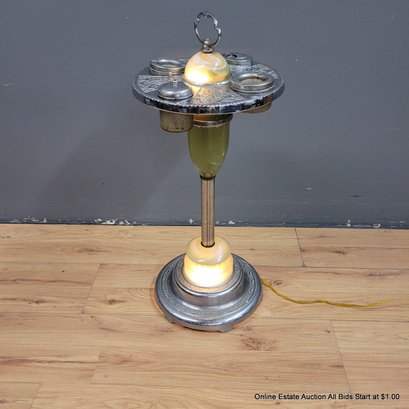 Vintage Circa 1950 Floor Standing Ashtray With Lighted Alabaster Style Colum (LOCAL PICKUP ONLY)