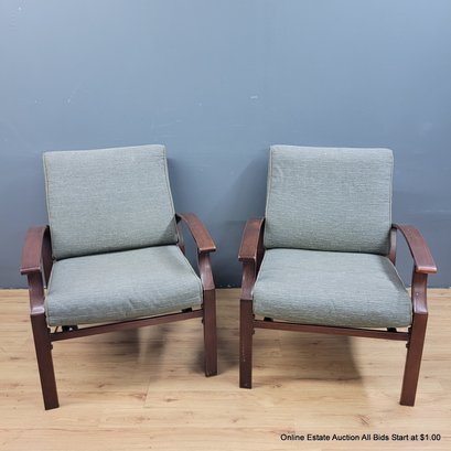 Pair Of Aluminum Faux Wood Finish Patio Chairs (LOCAL PICK UP ONLY)