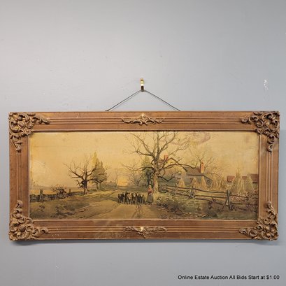 Antique Lithograph Of Countryside Setting  With Ornate Frame (LOCAL PICK UP ONLY OR UPS STORE SHIP ONLY))
