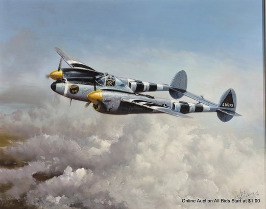 H.K. (John) Kang Oil On Canvas 1990 Mamas Boy Lockheed P38 Lightning Airplane Painting