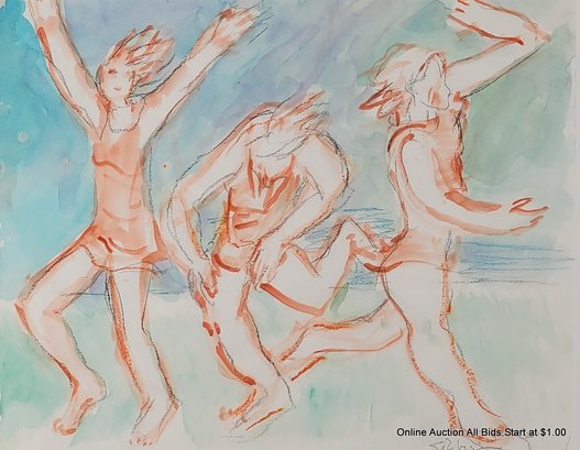 Sally Robison 2001 Three Joyful Figures Watercolor & Pencil On Paper