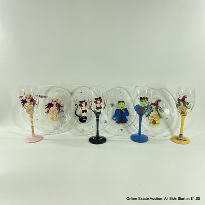 Painted Halloween Wine Glasses And Matching Plates