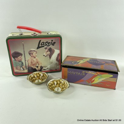 Vintage Style Lassie Mini Lunchbox Mayfair Chocolates Tin 2 Vintage Planters Peanut Dishes