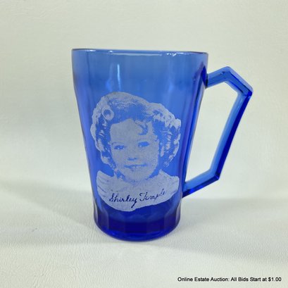 Vintage Shirley Temple Printed Handled Blue Glass Cup