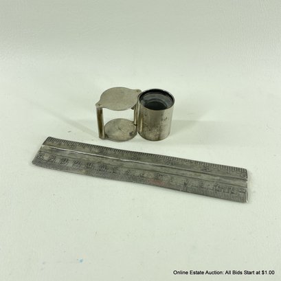 Vintage Jeweler's Loupe And Pewter Decorative Ruler