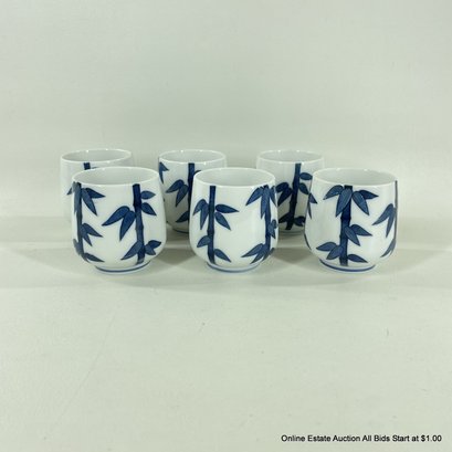 6 Porcelain Chinese Style Tea Cups With Blue Bamboo Motif