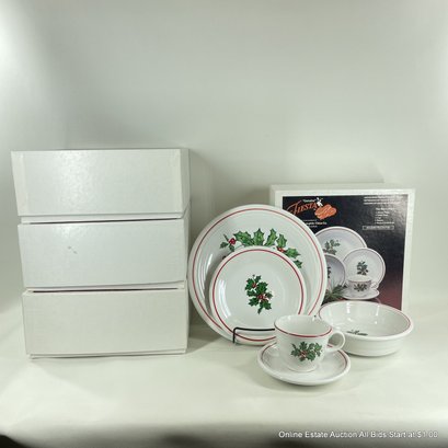 4 Complete Table Settings Of Fiesta Holiday China With Holly Leaf Design In Original Boxes