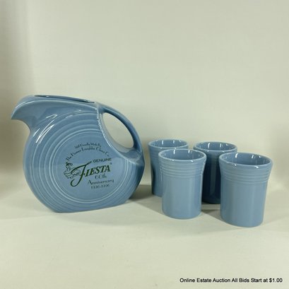 Fiesta 60th Anniversary Periwinkle Blue Disk Pitcher And 4 Mugs With Original Box 1996