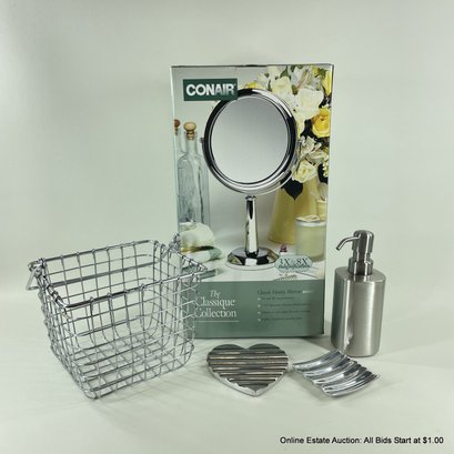 Conair Vanity Mirror, Williams Sonoma Soap Dispenser, Soap Dishes & Wire Basket