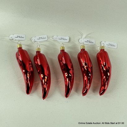 Set Of Five Glass Chili Pepper Ornaments, Made In Czech Republic