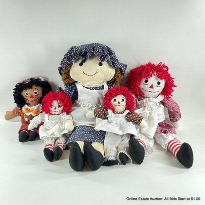 Five Dolls Including Raggedy Ann And Raggedy Andy Dolls