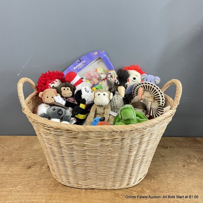 Wicker Handled Basket Full Stuffed Dolls And Animals Including Raggedy Ann & Raggedy Andy (LOCAL PICK UP ONLY)