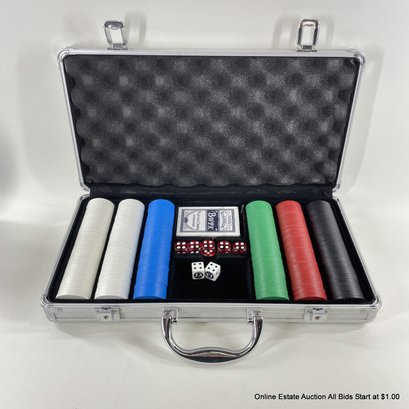 Poker Chips, Playing Cards, And Dice In Aluminum Storage Case
