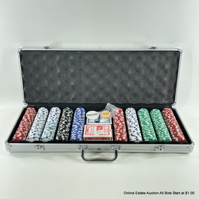 Large Set Of Poker Chips, Playing Cards, And Dice In Aluminum Carrying/Storage Case