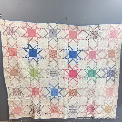 Vintage Hand Pieced And Hand Sewn Quilt 80' X 67'