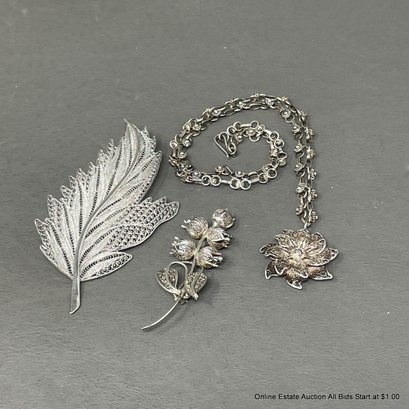 Sterling Silver Pendant Necklace & Brooch & Silver Tone Leaf-Form Brooch