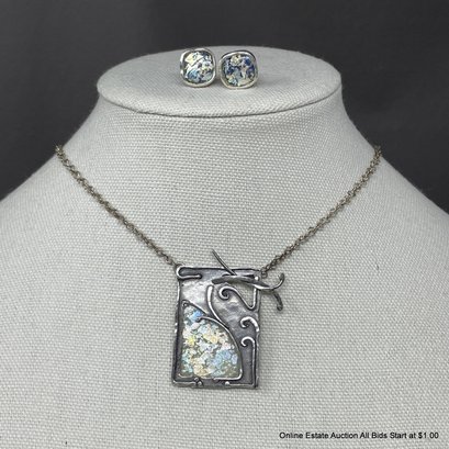2 Piece Sterling Silver & Polychrome Resin Signed SR Pendant Necklace And Earrings