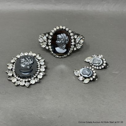 3 Piece Costume Jewelry Suite Cameo-Style With Rhinestones Bracelet Earrings And Brooch