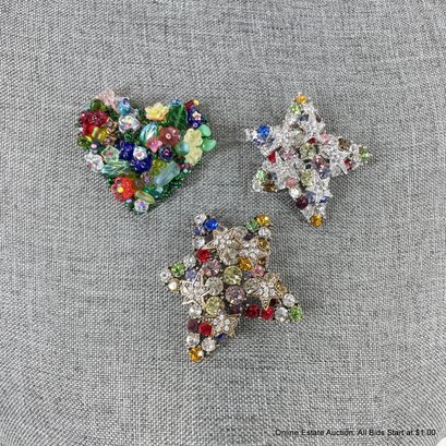 Three Colorful And Eclectic Star And Heart Brooches With Rhinestone And Glass Beads