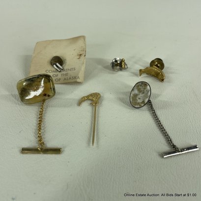 Lot Of Tie Tacks And A Kiwi Stick Pin, 24K Gold Nugget, 14K Unmarked Salmon, Walrus, Stone, Silver Tone