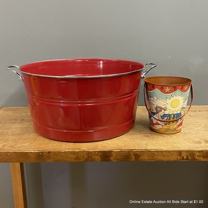 Pottery Barn Large Red Party Bucket And Vintage Inspired Metal Beach Pail With Children Motif