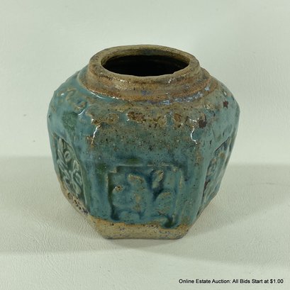 Rustic Blue Glazed Pottery Jar With Floral Motif